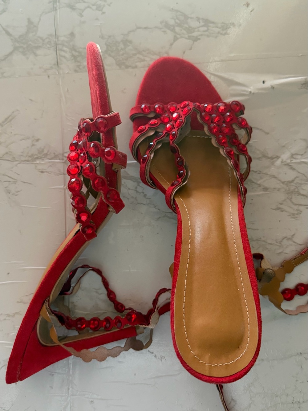 Women's Red Jeweled Lace-Up Sandals